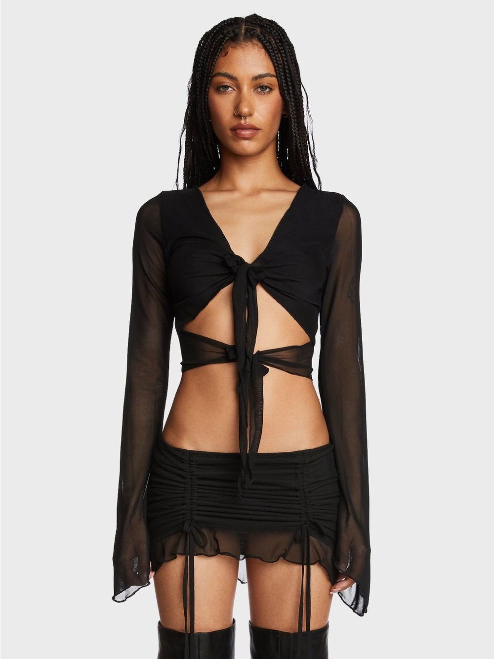 Edikted Black mesh long sleeve top with front tie bow detail in size medium